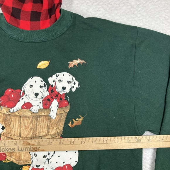 Vintage Dalmations Sweater Dog Apples Fall Plaid Neck Sweatshirt Size M Green - Picture 9 of 10